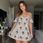 Real-life photo of someone wearing Women's Tombstone Tango Custom Face Off-Shoulder Dress — custom faces printed all-over