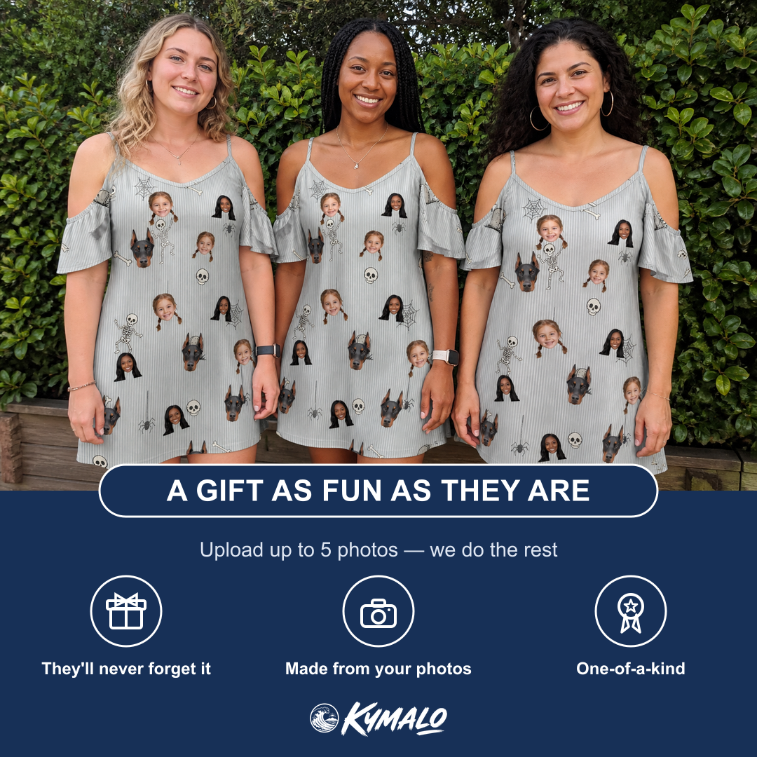 Friends in matching Women's Tombstone Tango Custom Face Off-Shoulder Dress — a group gift photo