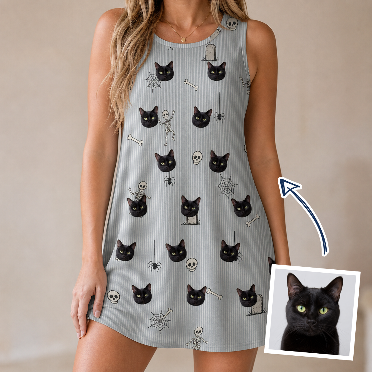 Woman wearing Women's Tombstone Tango Custom Cat Face Tank Dress — custom faces printed all-over