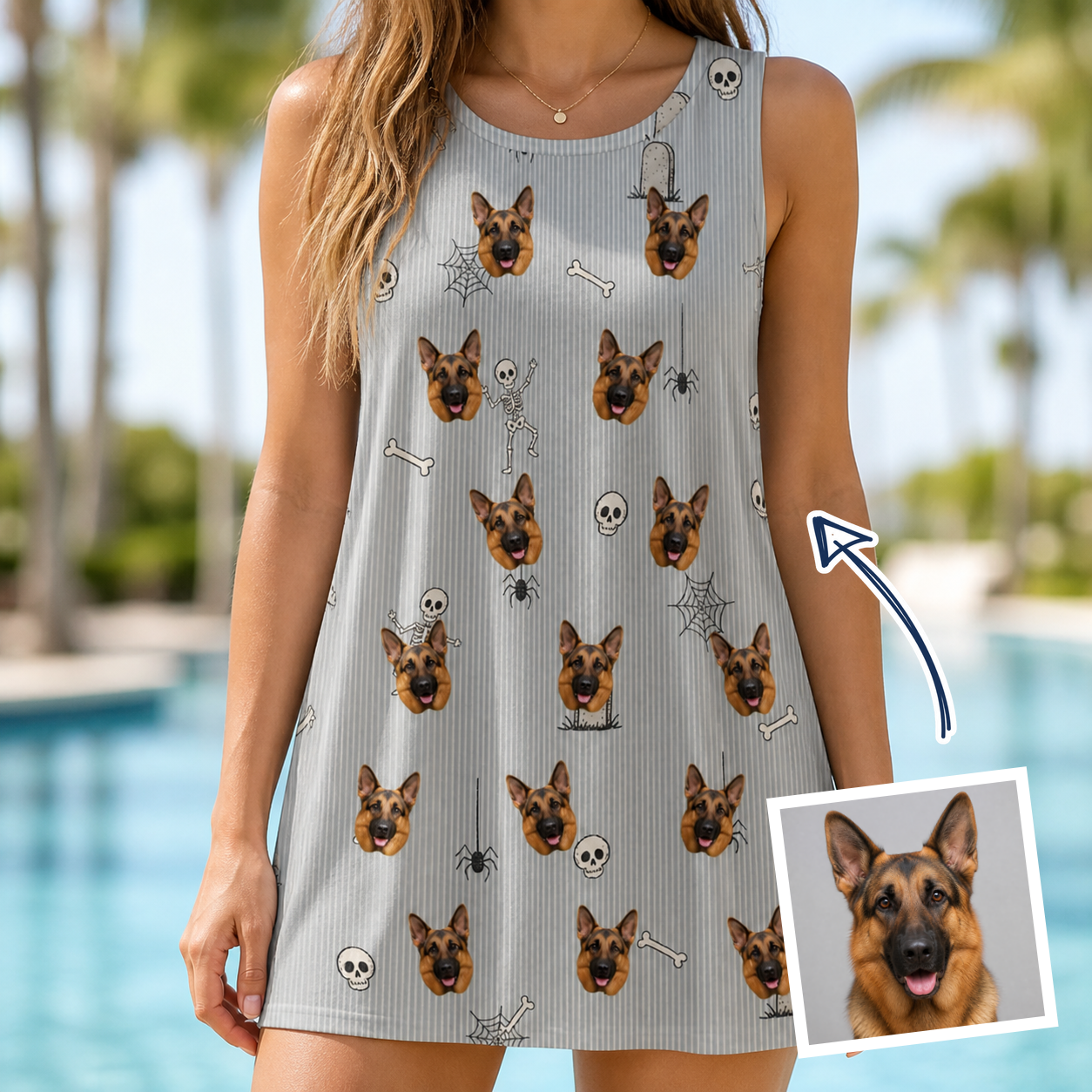 Woman wearing Women's Tombstone Tango Custom Dog Face Tank Dress — custom faces printed all-over