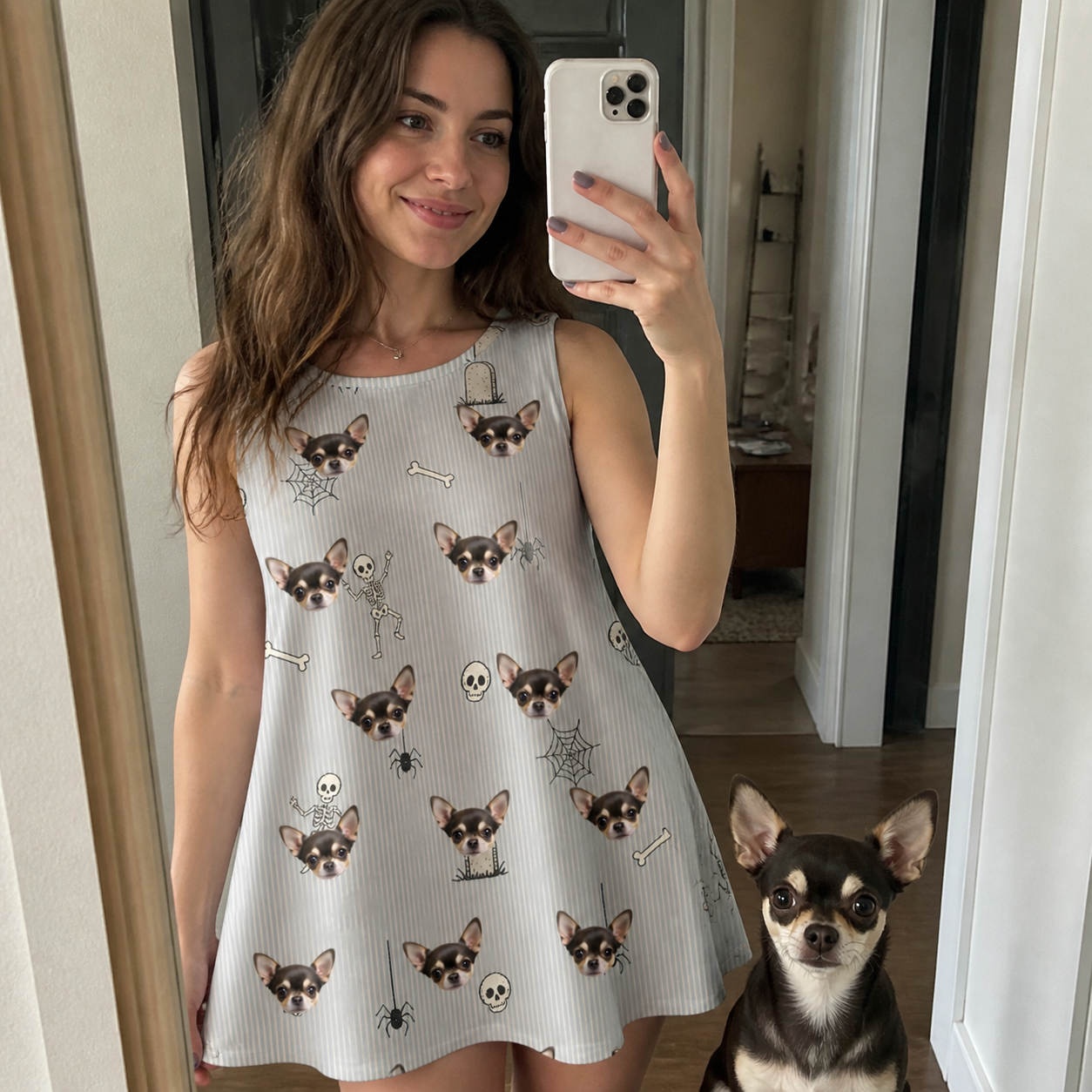 Selfie with the pet whose face is printed all over this Women's Tombstone Tango Custom Dog Face Tank Dress