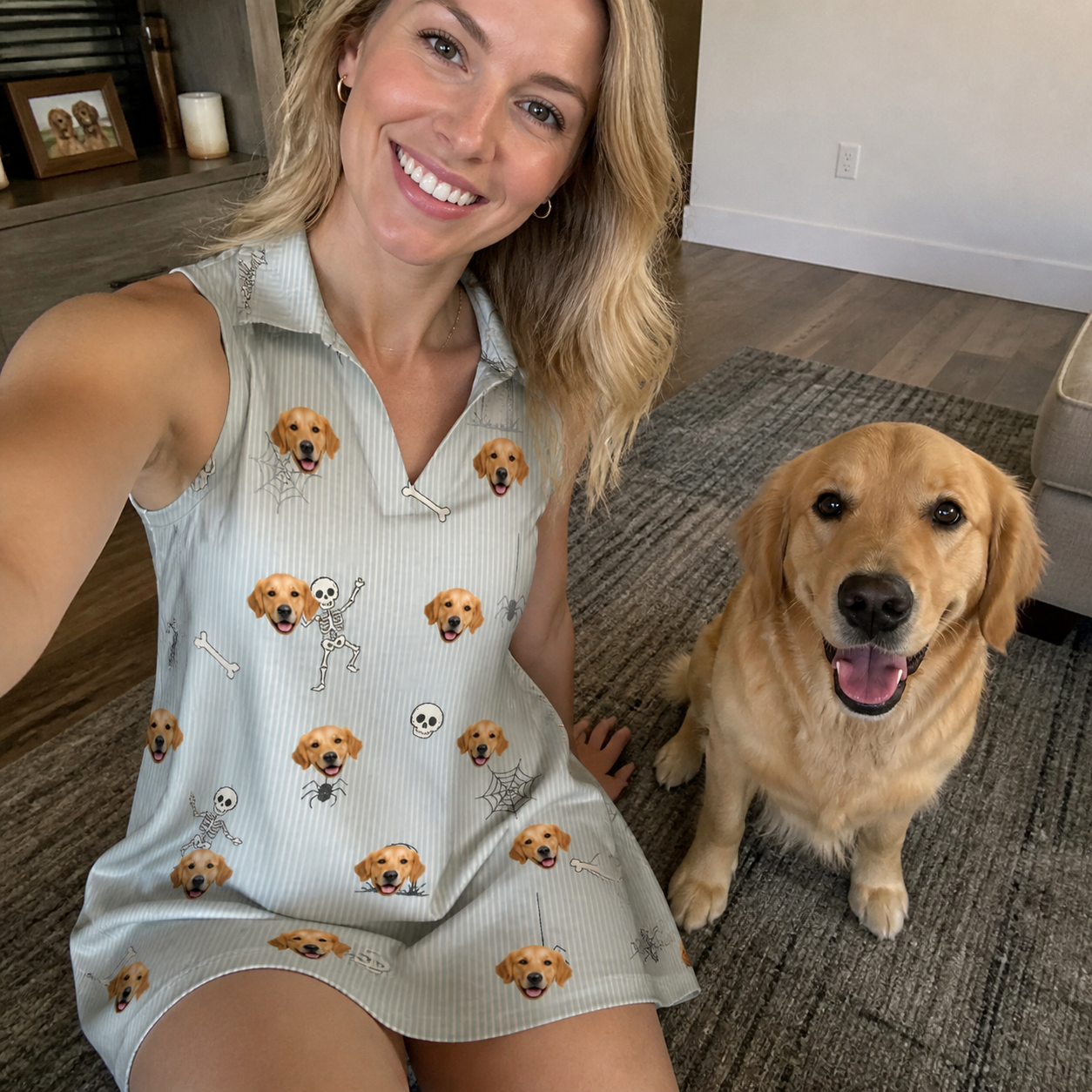 Selfie with the pet whose face is printed all over this Women's Tombstone Tango Custom Dog Face V-Neck Dress