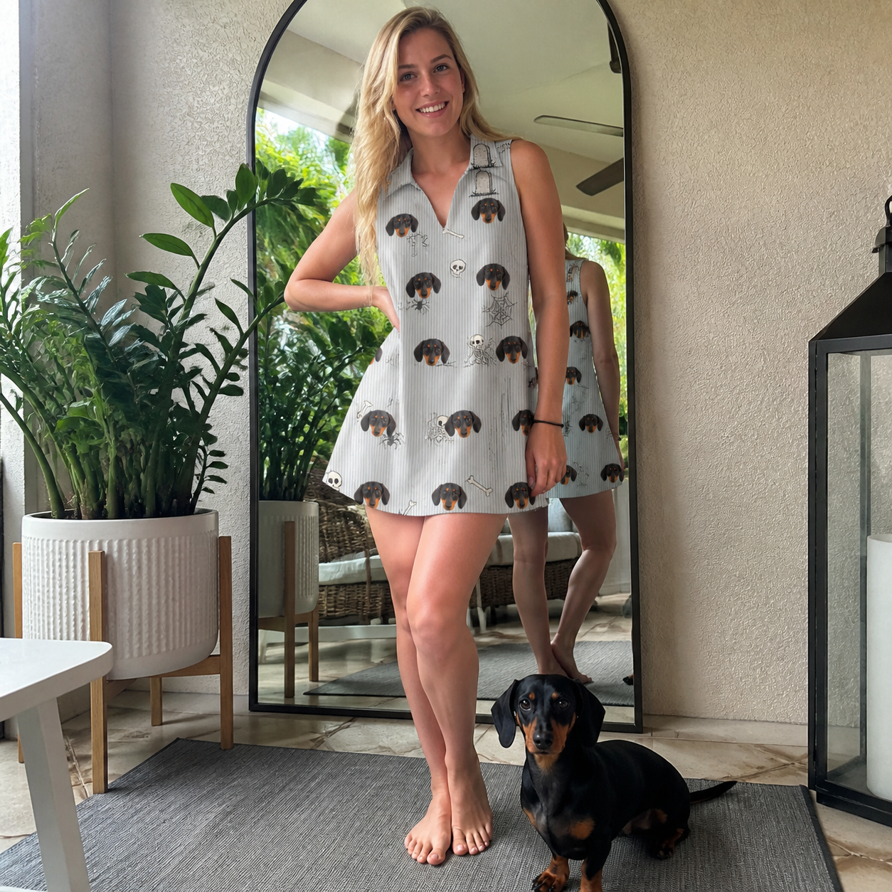 Full-length photo with the pet printed all over this Women's Tombstone Tango Custom Dog Face V-Neck Dress