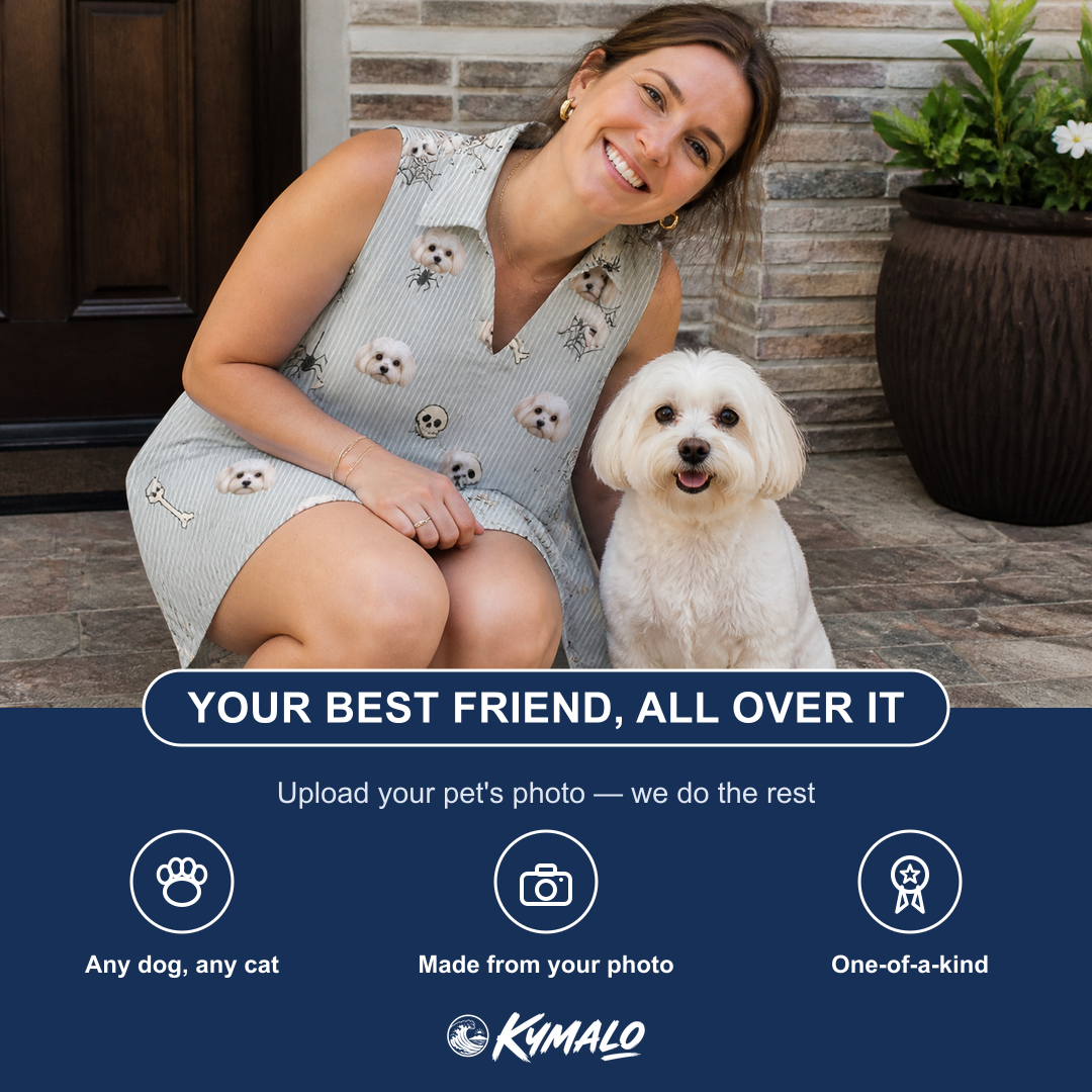 Friends in matching Women's Tombstone Tango Custom Dog Face V-Neck Dress — a group gift photo