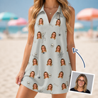 Woman wearing Women's Tombstone Tango Custom Face V-Neck Dress — custom faces printed all-over