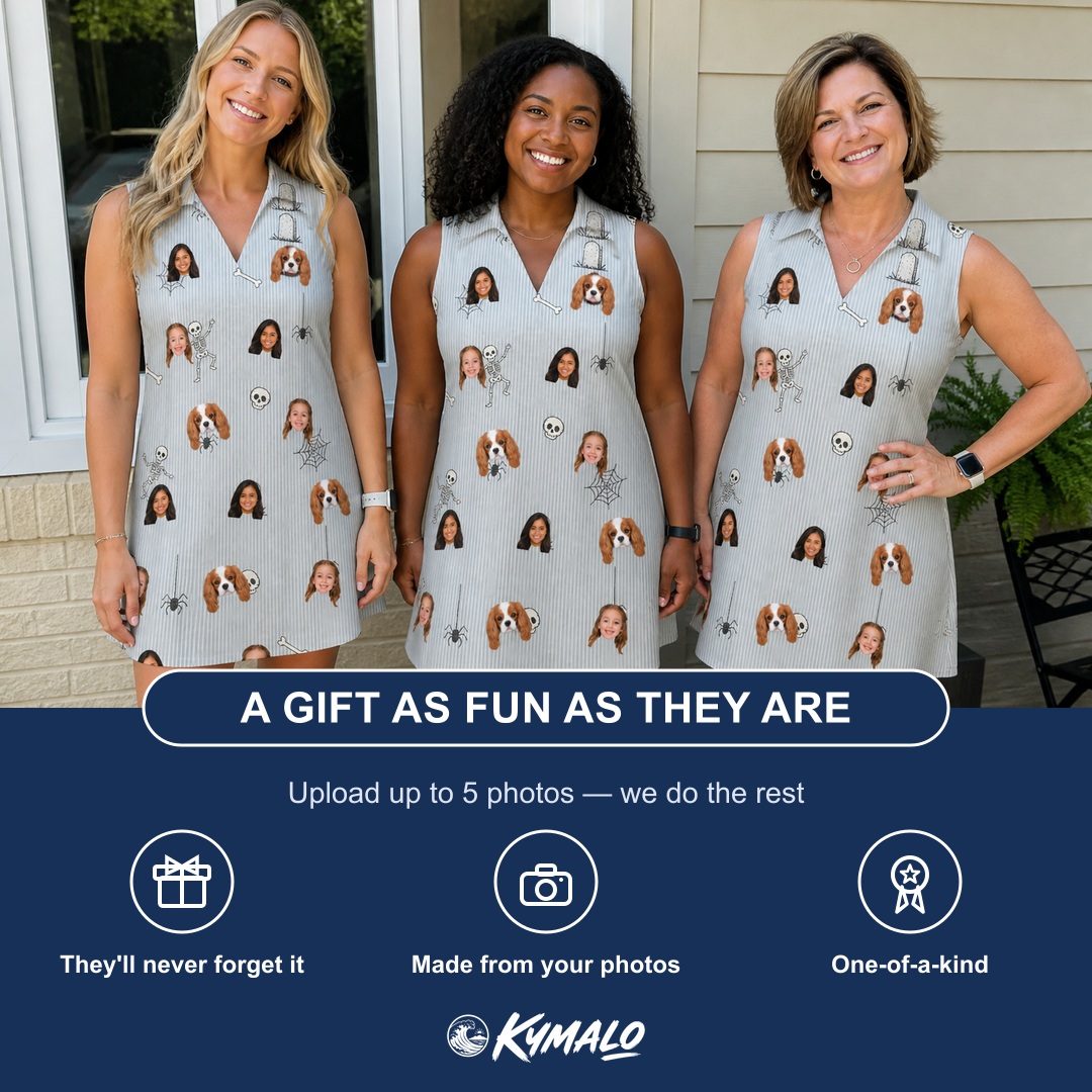 Friends in matching Women's Tombstone Tango Custom Face V-Neck Dress — a group gift photo