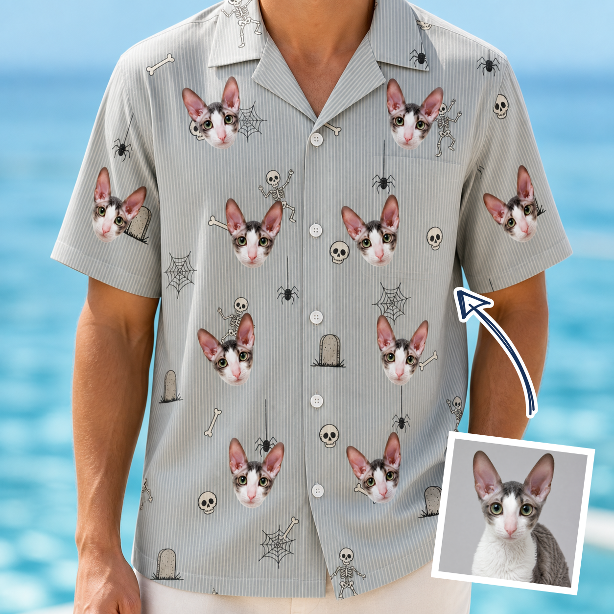 Man wearing Men's Tombstone Tango Custom Cat Face Hawaiian Shirt — custom faces printed all-over