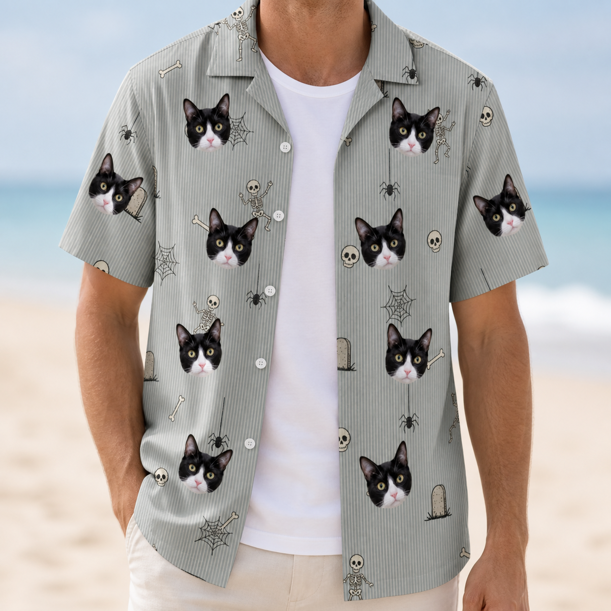 Man wearing Men's Tombstone Tango Custom Cat Face Hawaiian Shirt open over a white tee