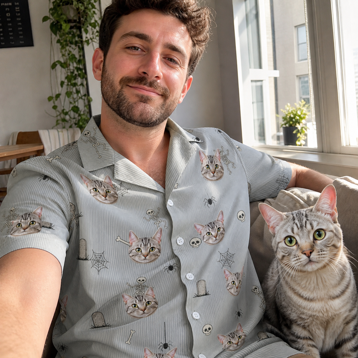 Selfie with the pet whose face is printed all over this Men's Tombstone Tango Custom Cat Face Hawaiian Shirt