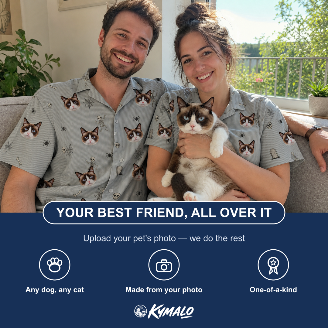 Friends in matching Men's Tombstone Tango Custom Cat Face Hawaiian Shirt — a group gift photo