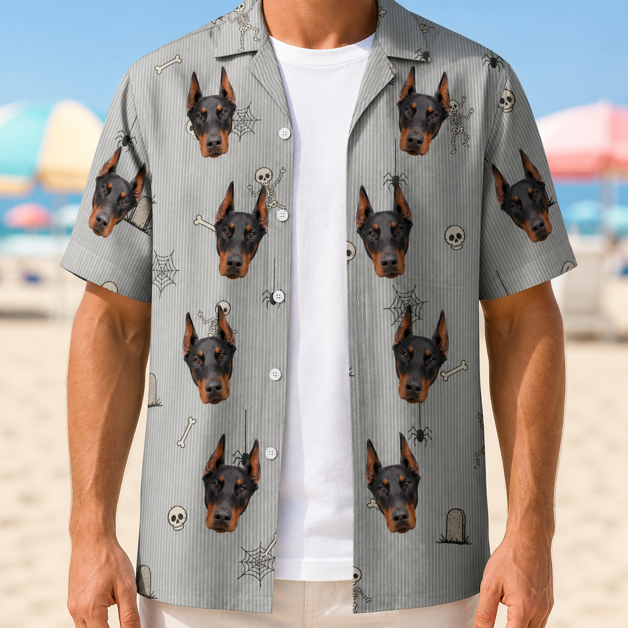 Man wearing Men's Tombstone Tango Custom Dog Face Hawaiian Shirt open over a white tee