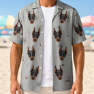 Man wearing Men's Tombstone Tango Custom Dog Face Hawaiian Shirt open over a white tee