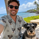 Selfie with the pet whose face is printed all over this Men's Tombstone Tango Custom Dog Face Hawaiian Shirt