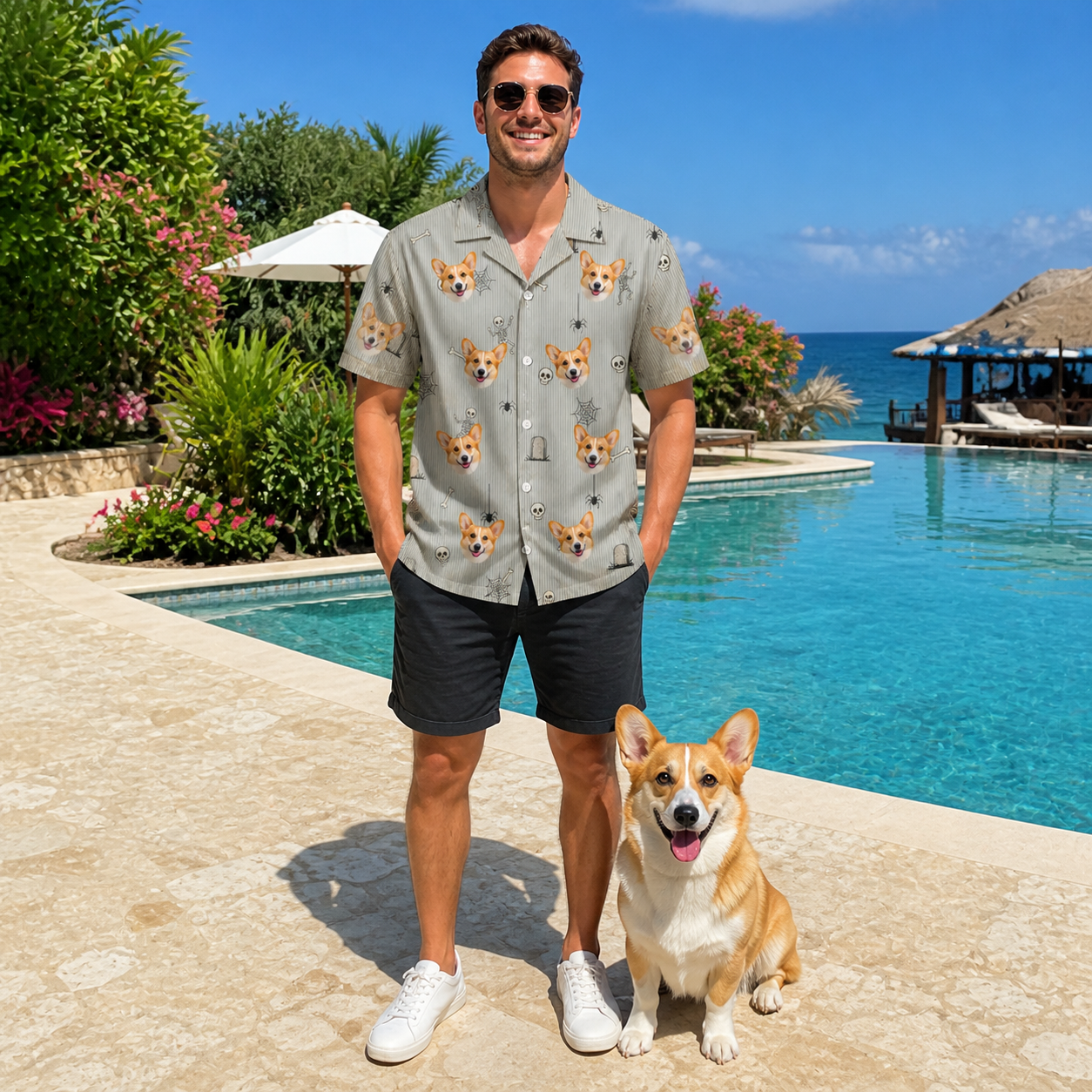 Full-length photo with the pet printed all over this Men's Tombstone Tango Custom Dog Face Hawaiian Shirt
