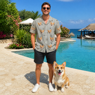 Full-length photo with the pet printed all over this Men's Tombstone Tango Custom Dog Face Hawaiian Shirt