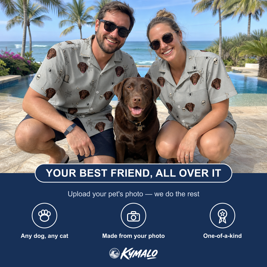 Friends in matching Men's Tombstone Tango Custom Dog Face Hawaiian Shirt — a group gift photo