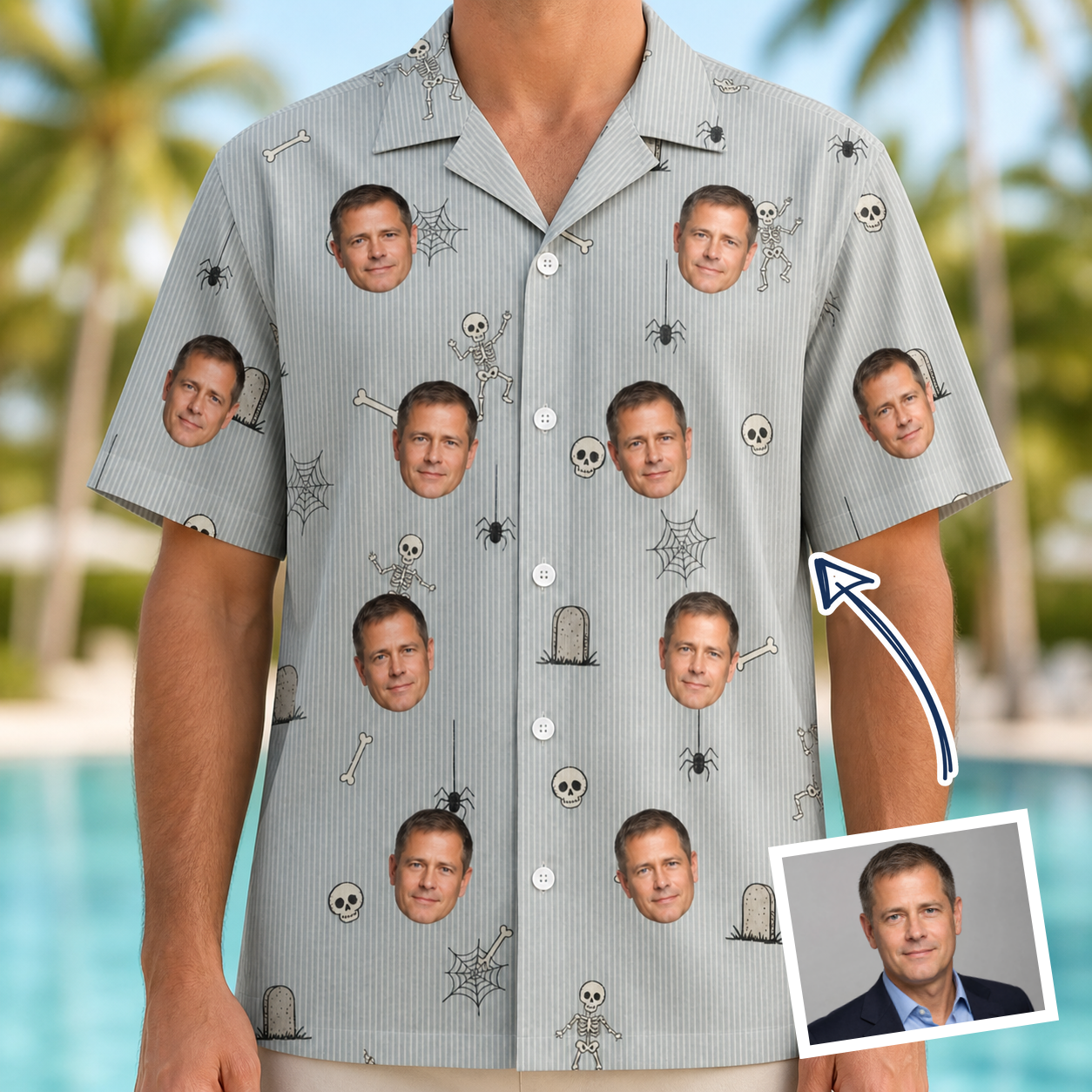 Man wearing Men's Tombstone Tango Custom Face Hawaiian Shirt — custom faces printed all-over