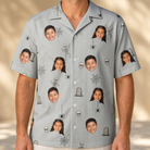 Model wearing Men's Tombstone Tango Custom Face Hawaiian Shirt printed with kids' faces