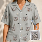 Woman wearing Women's Tombstone Tango Custom Cat Face Hawaiian Shirt — custom faces printed all-over