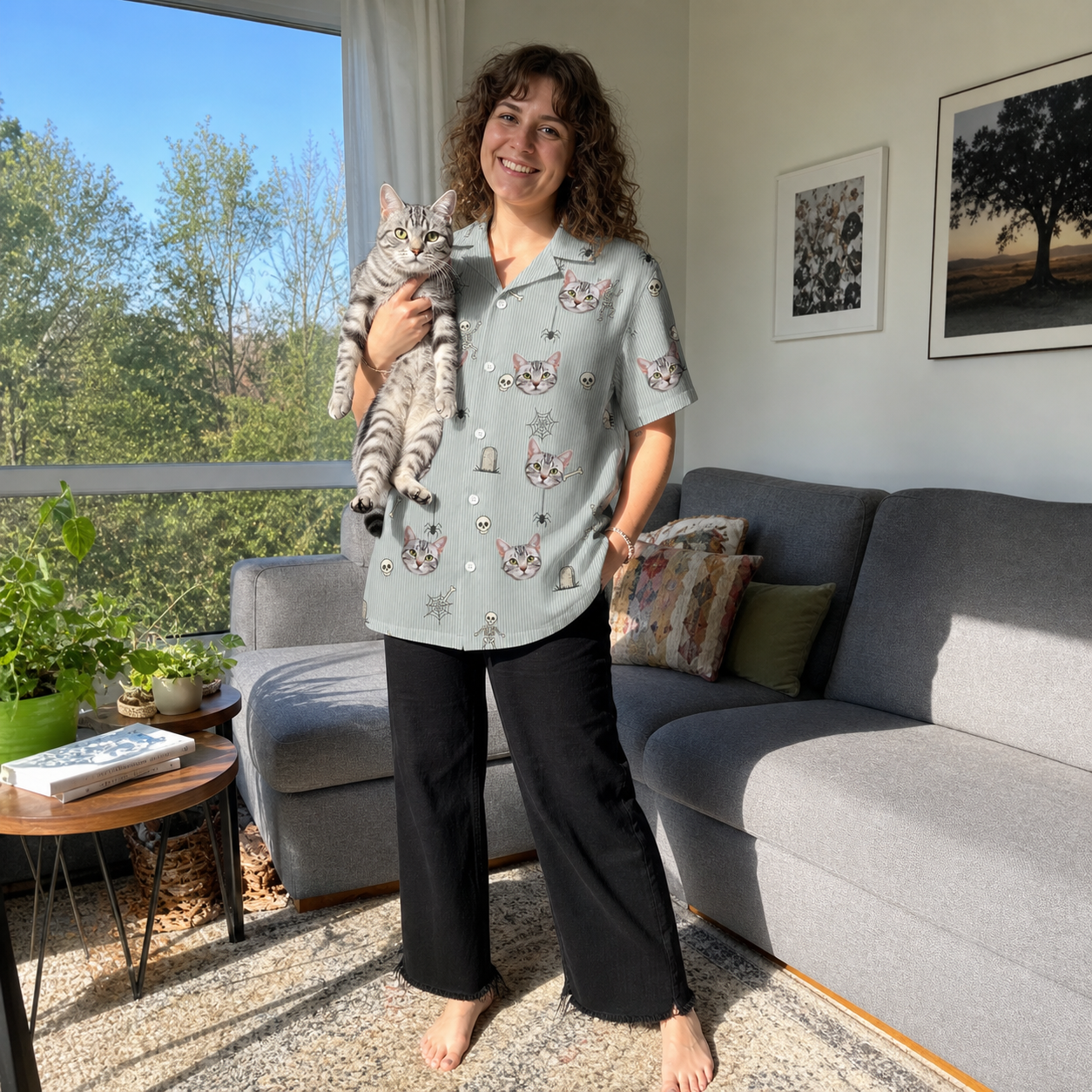 Full-length photo with the pet printed all over this Women's Tombstone Tango Custom Cat Face Hawaiian Shirt