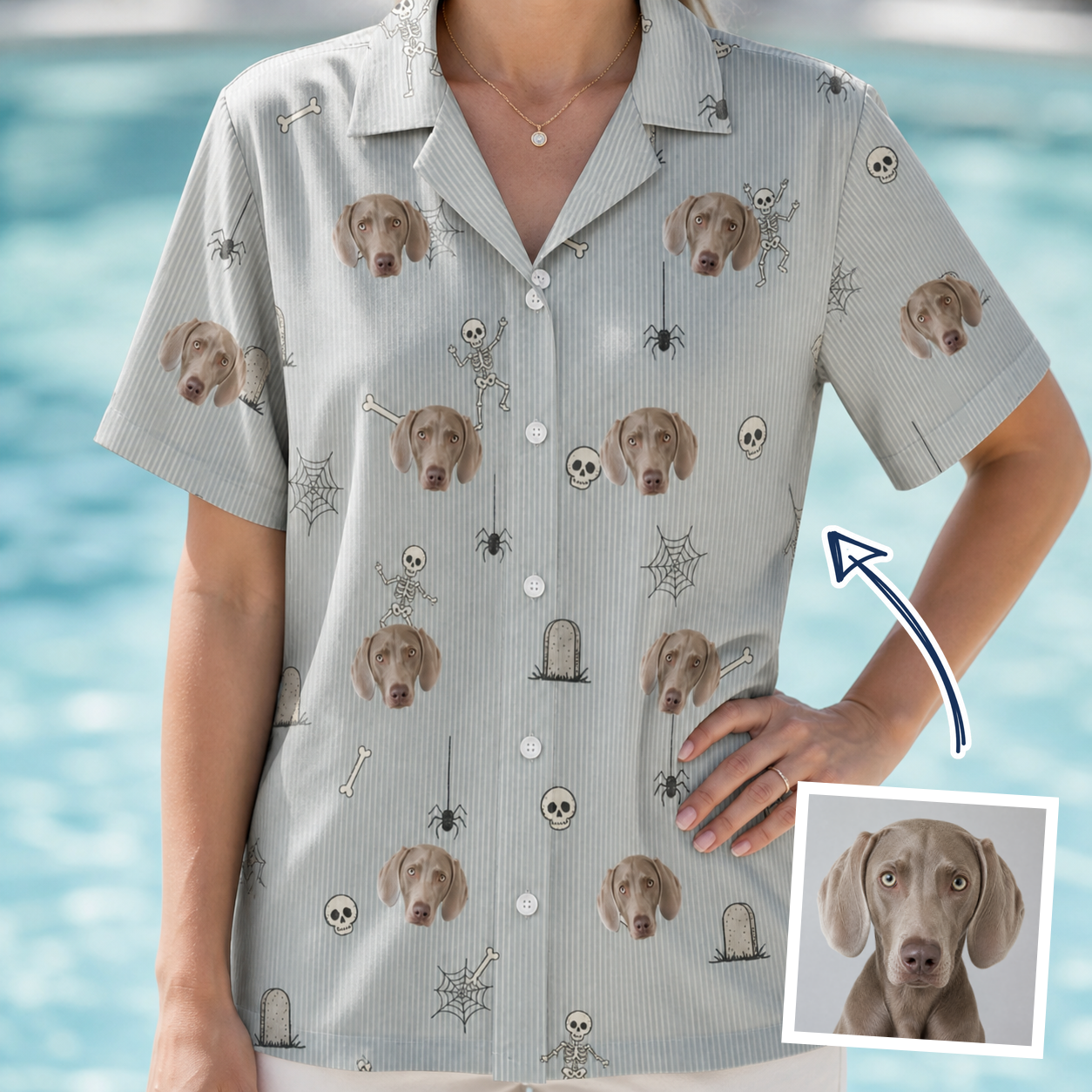 Woman wearing Women's Tombstone Tango Custom Dog Face Hawaiian Shirt — custom faces printed all-over