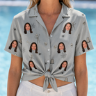 Woman wearing Women's Tombstone Tango Custom Face Hawaiian Shirt tied at the waist