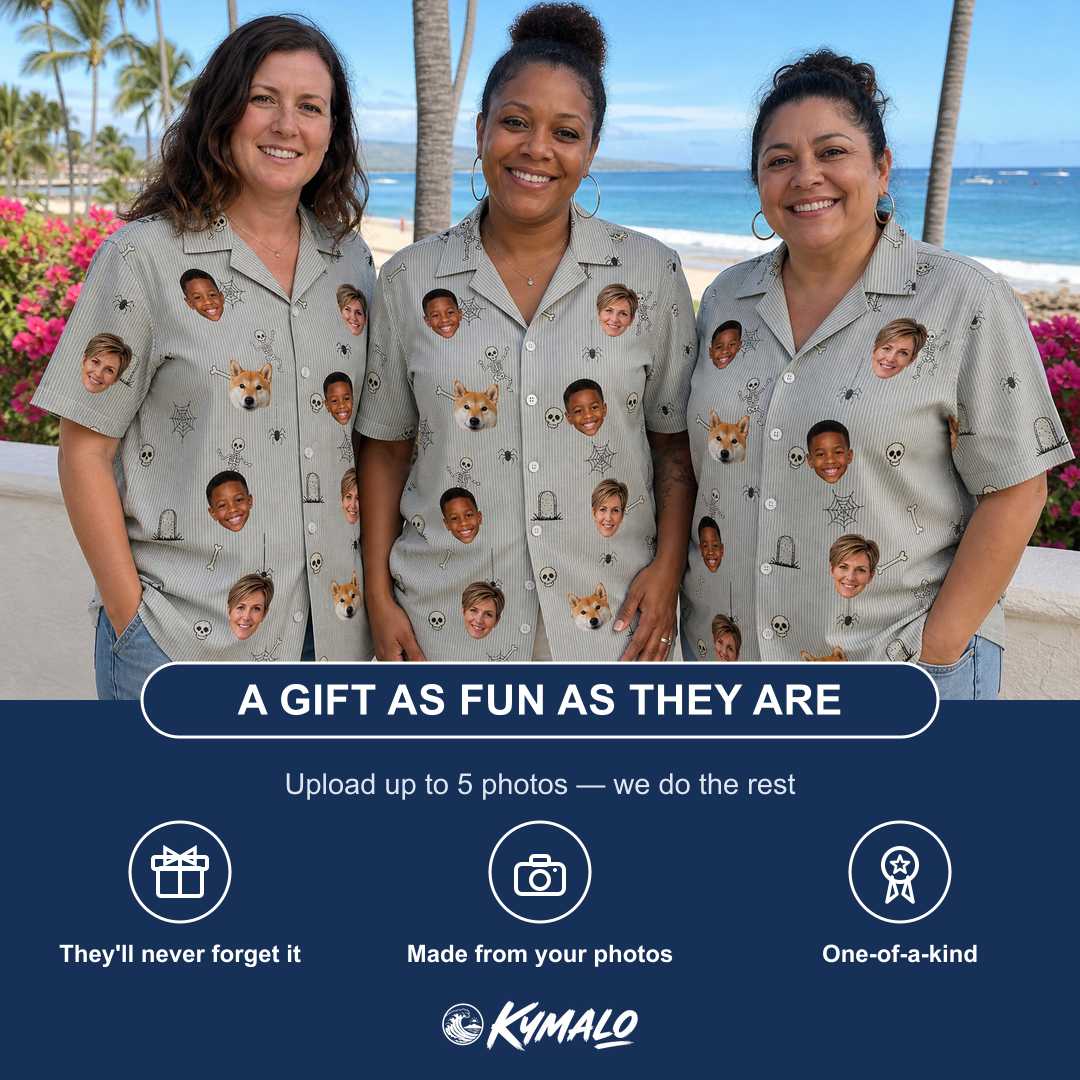 Friends in matching Women's Tombstone Tango Custom Face Hawaiian Shirt — a group gift photo