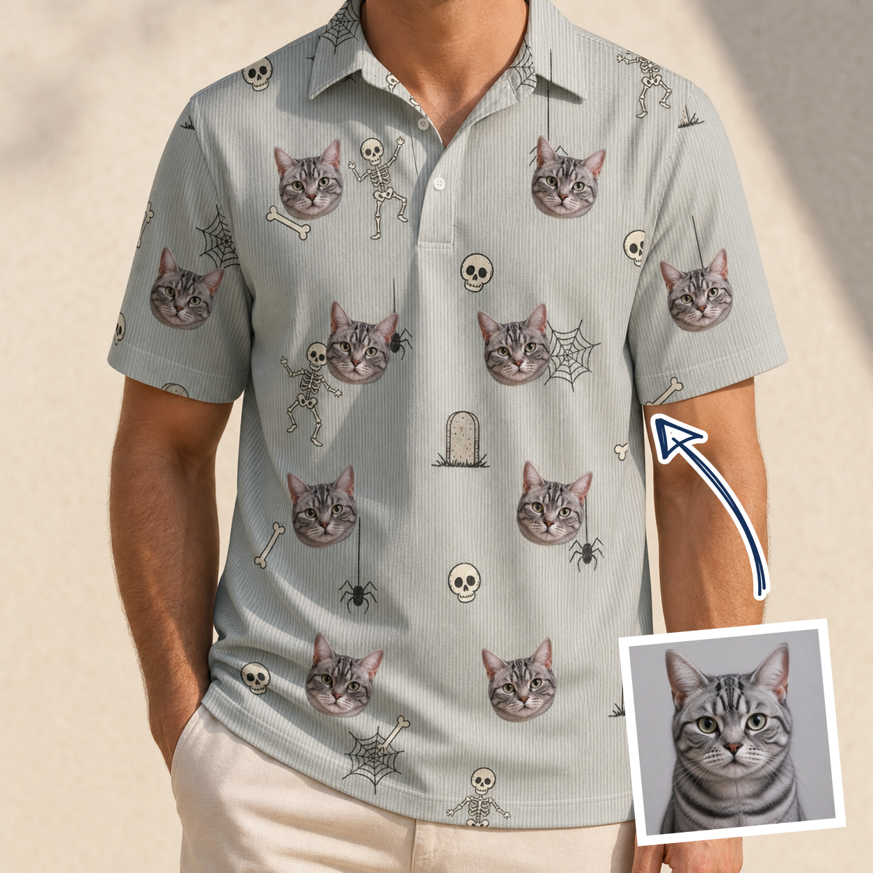 Man wearing Men's Tombstone Tango Custom Cat Face Polo Shirt — custom faces printed all-over