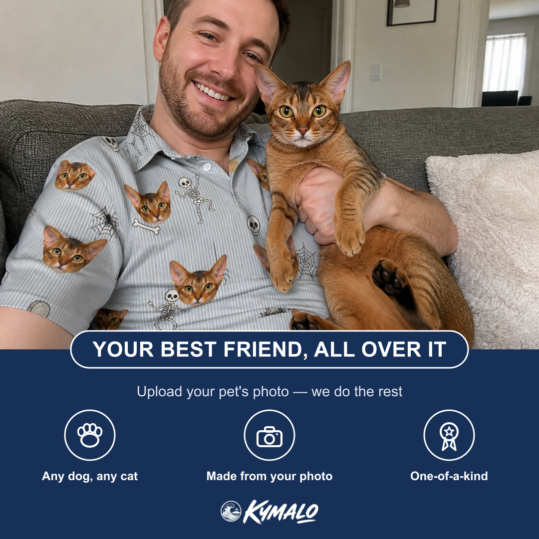 Friends in matching Men's Tombstone Tango Custom Cat Face Polo Shirt — a group gift photo