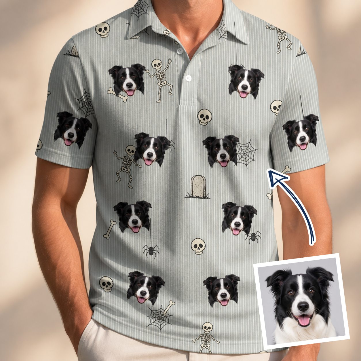 Man wearing Men's Tombstone Tango Custom Dog Face Polo Shirt — custom faces printed all-over