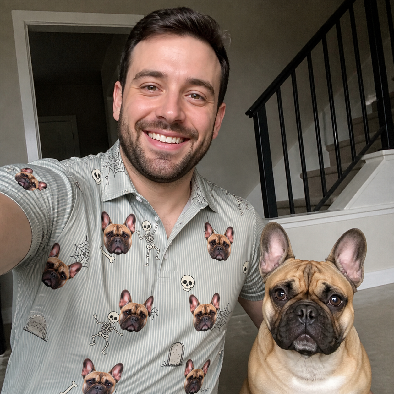 Selfie with the pet whose face is printed all over this Men's Tombstone Tango Custom Dog Face Polo Shirt