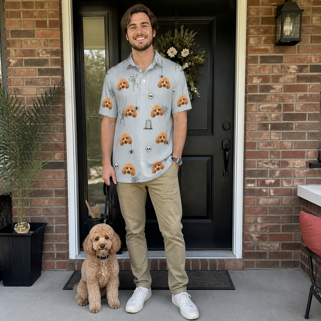 Full-length photo with the pet printed all over this Men's Tombstone Tango Custom Dog Face Polo Shirt