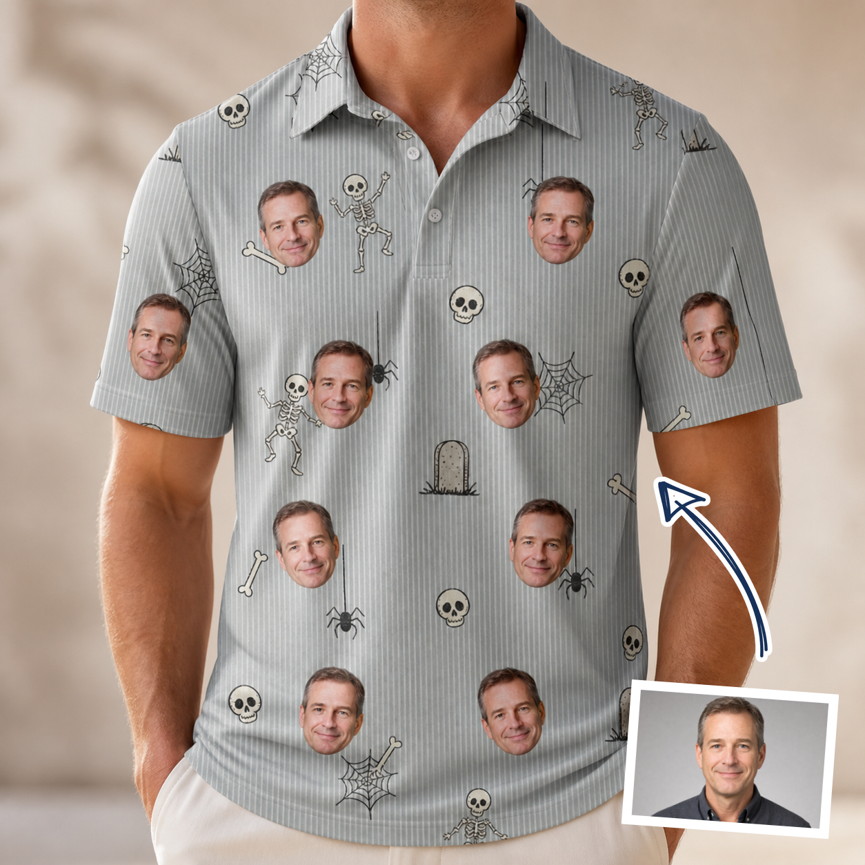 Man wearing Men's Tombstone Tango Custom Face Polo Shirt — custom faces printed all-over
