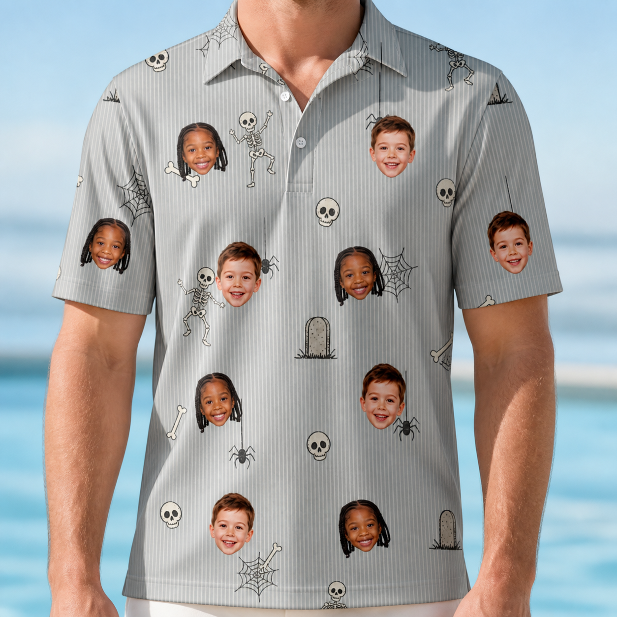 Model wearing Men's Tombstone Tango Custom Face Polo Shirt printed with kids' faces