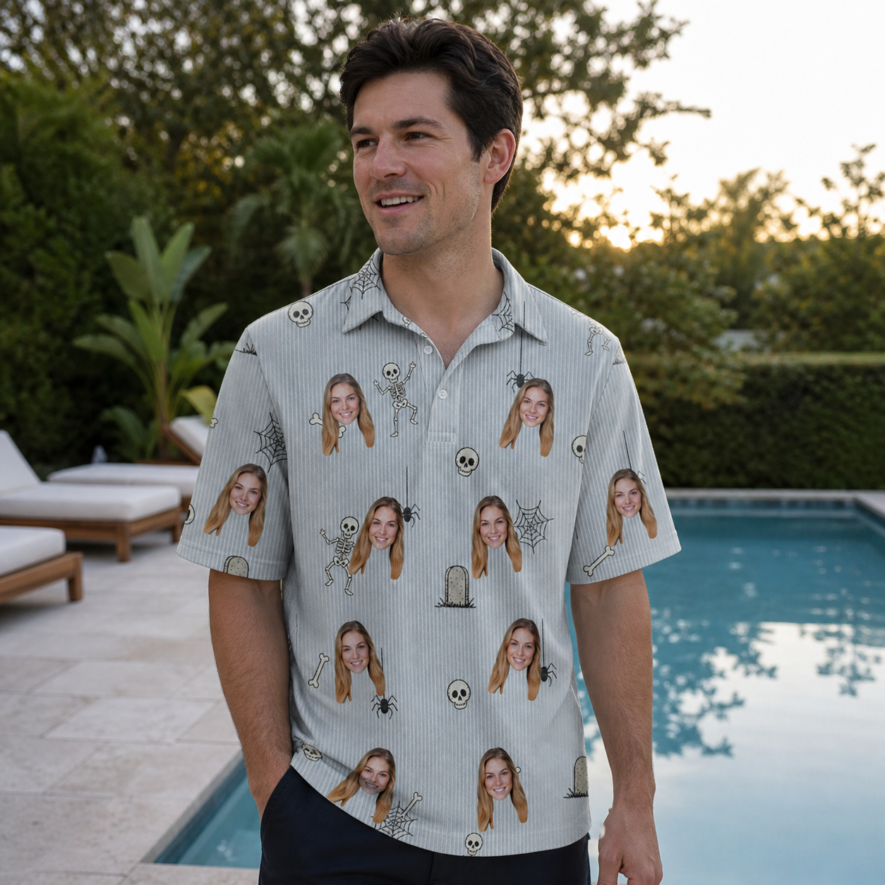 Real-life photo of someone wearing Men's Tombstone Tango Custom Face Polo Shirt — custom faces printed all-over