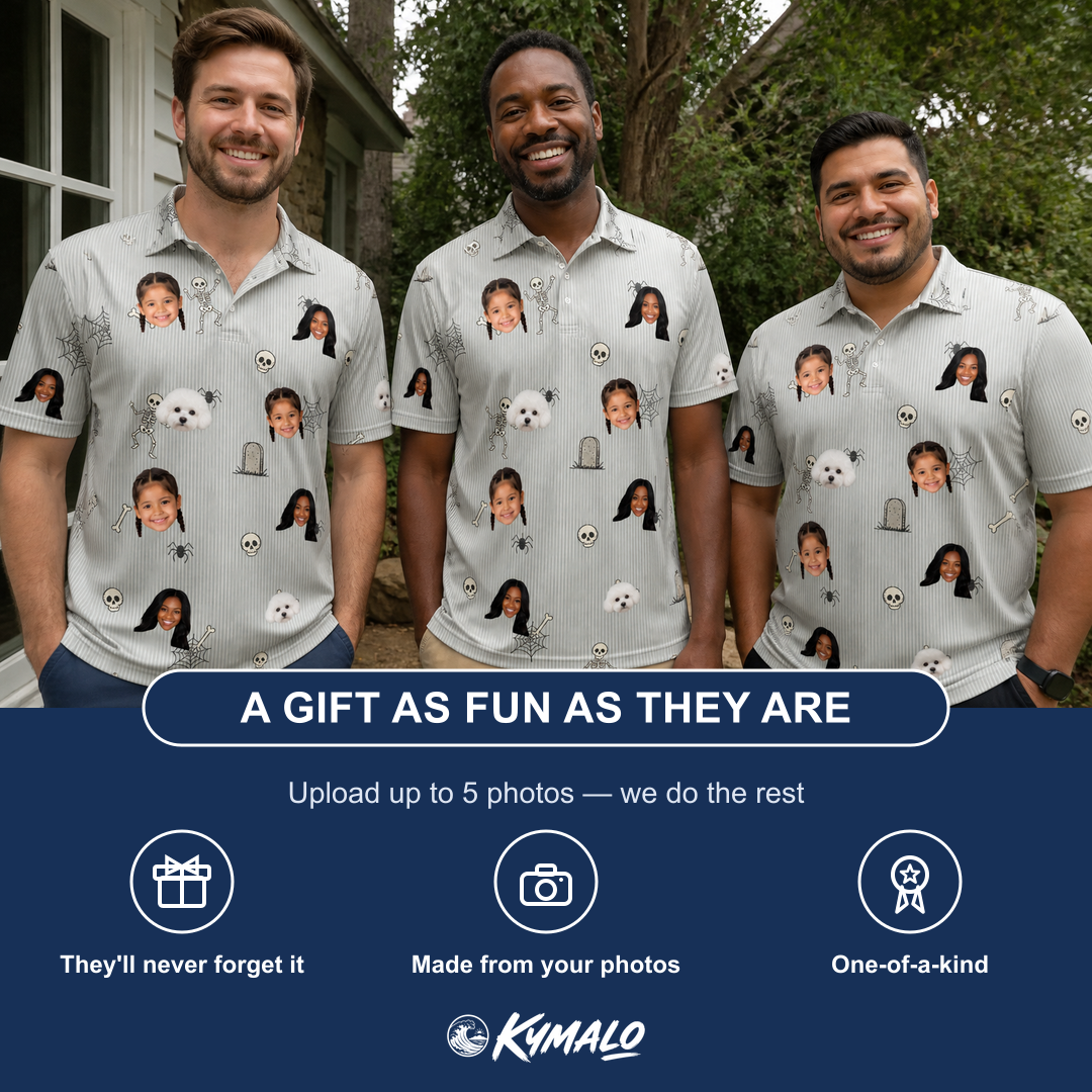 Friends in matching Men's Tombstone Tango Custom Face Polo Shirt — a group gift photo