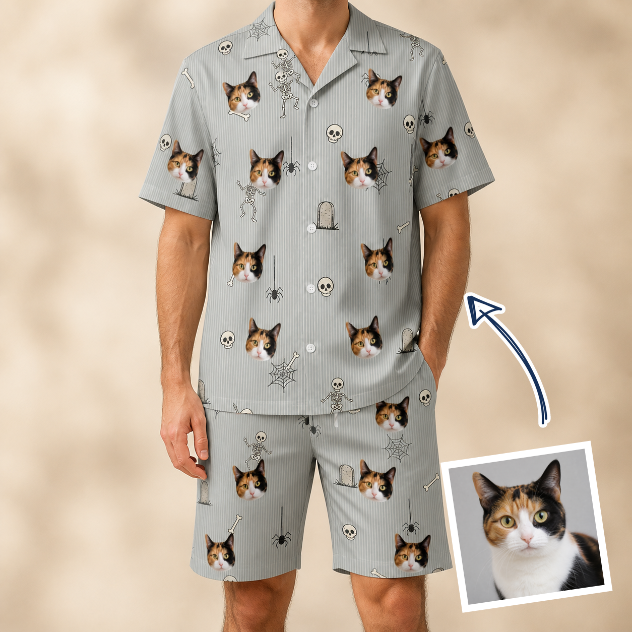 Man wearing Men's Tombstone Tango Custom Cat Face Shirt & Shorts Set — custom faces printed all-over