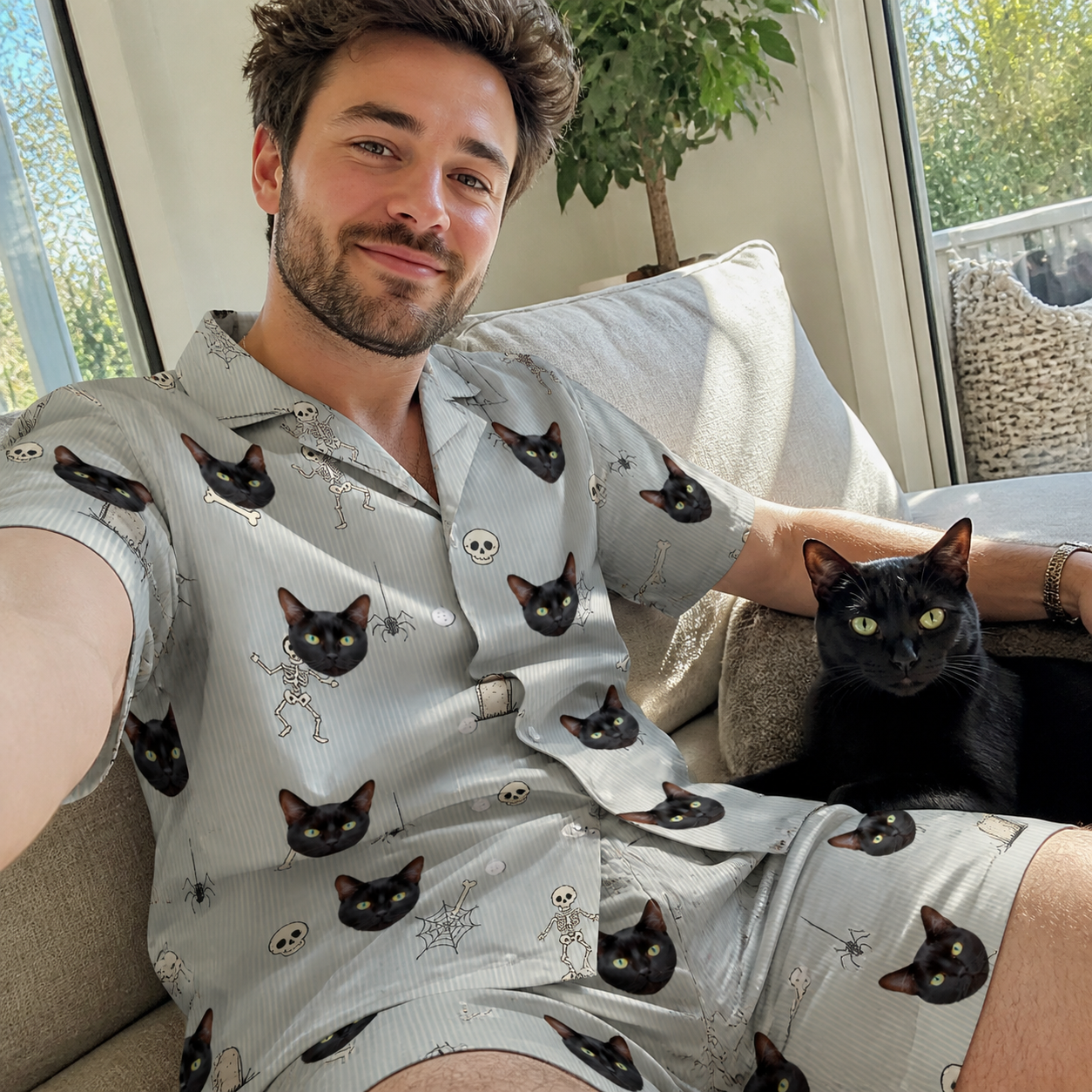 Selfie with the pet whose face is printed all over this Men's Tombstone Tango Custom Cat Face Shirt & Shorts Set