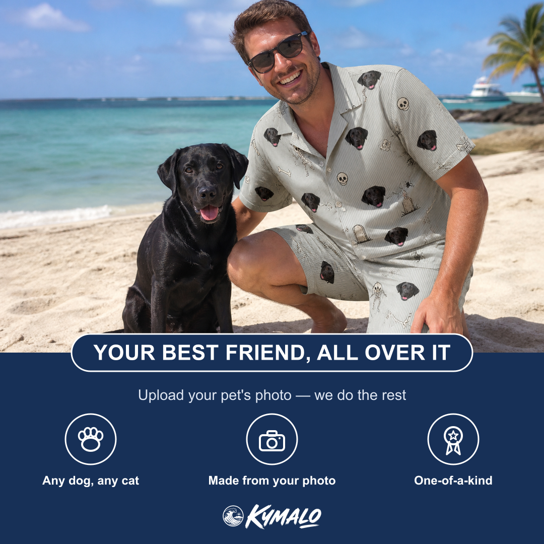 Friends in matching Men's Tombstone Tango Custom Dog Face Shirt & Shorts Set — a group gift photo