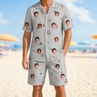 Model wearing Men's Tombstone Tango Custom Face Shirt & Shorts Set printed with kids' faces