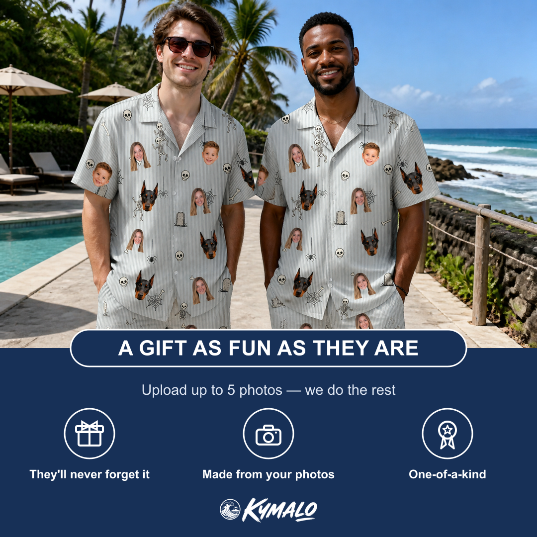 Friends in matching Men's Tombstone Tango Custom Face Shirt & Shorts Set — a group gift photo