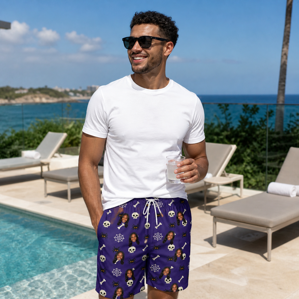Real-life photo of someone wearing Men's Bone Appétit Custom Face Beach Shorts — custom faces printed all-over