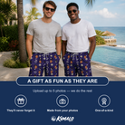 Friends in matching Men's Bone Appétit Custom Face Beach Shorts — a group gift photo