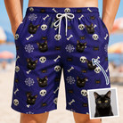 Man wearing Men's Bone Appétit Custom Cat Face Beach Shorts — custom faces printed all-over
