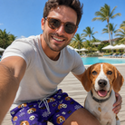 Selfie with the pet whose face is printed all over this Men's Bone Appétit Custom Dog Face Beach Shorts