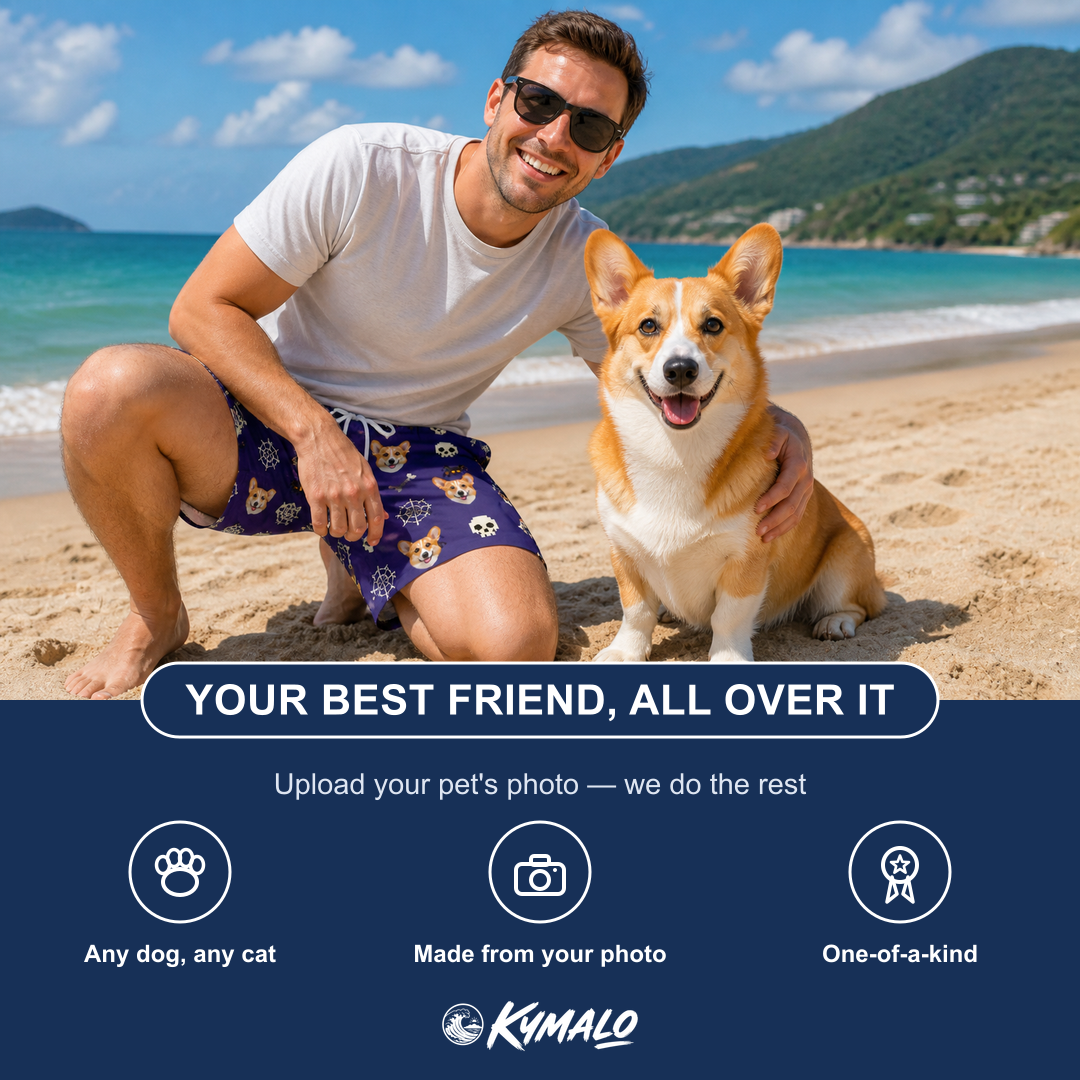 Friends in matching Men's Bone Appétit Custom Dog Face Beach Shorts — a group gift photo