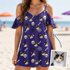 Woman wearing Women's Bone Appétit Custom Cat Face Off-Shoulder Dress — custom faces printed all-over