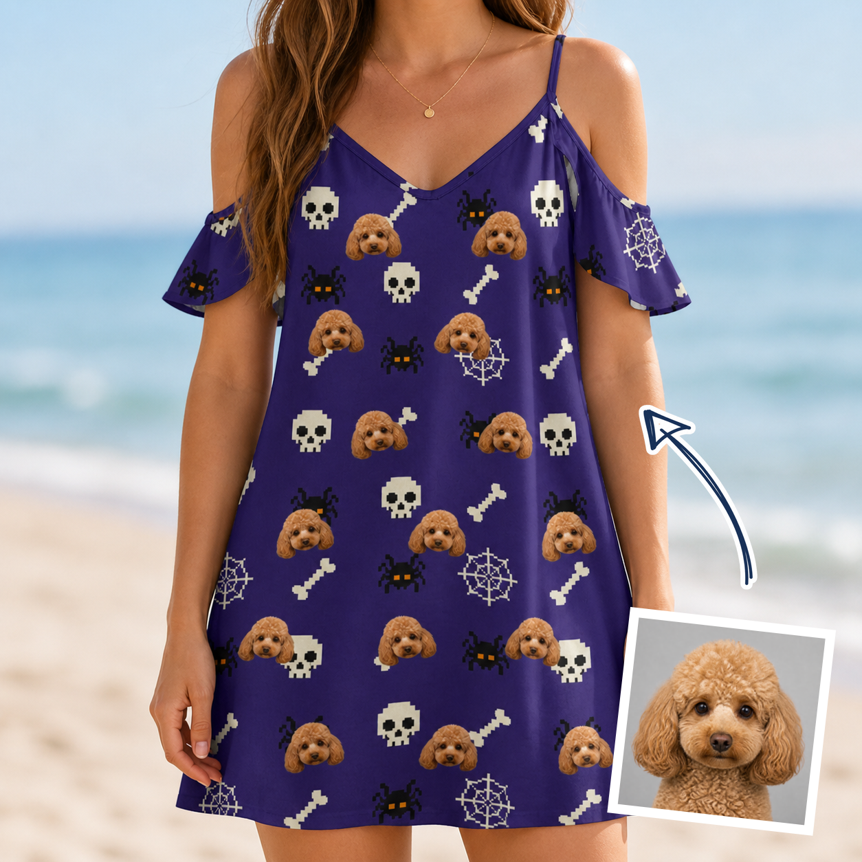 Woman wearing Women's Bone Appétit Custom Dog Face Off-Shoulder Dress — custom faces printed all-over