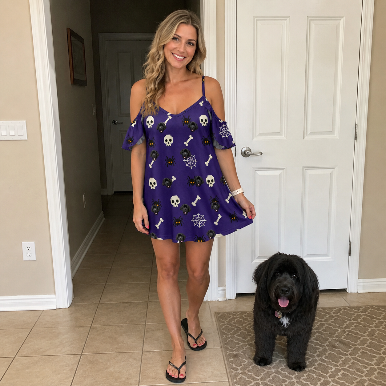 Full-length photo with the pet printed all over this Women's Bone Appétit Custom Dog Face Off-Shoulder Dress