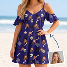 Woman wearing Women's Bone Appétit Custom Face Off-Shoulder Dress — custom faces printed all-over